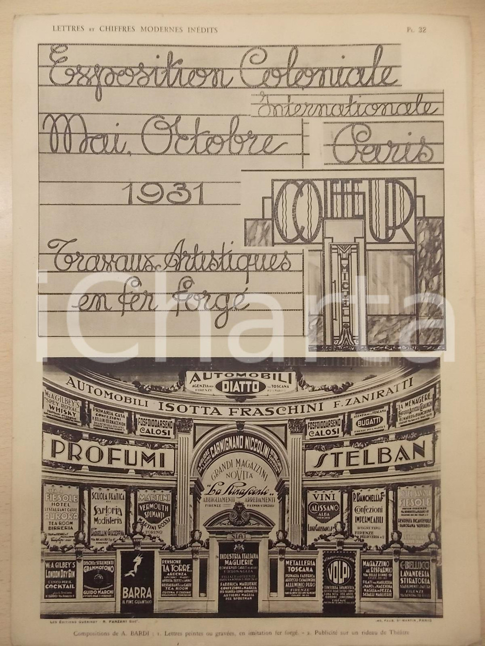 Stampa, bozzetto originale 1931 PANZANI Lettres modernes  Composition BARDI  Imitation fer forgÃ© Pl. 32 1