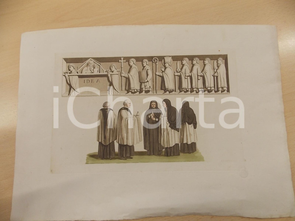 Stampa, bozzetto originale 1840 ca FERRARIO COSTUME ANTICO Bassorilievo medievale Stampa BRAMATTI 37x26 1