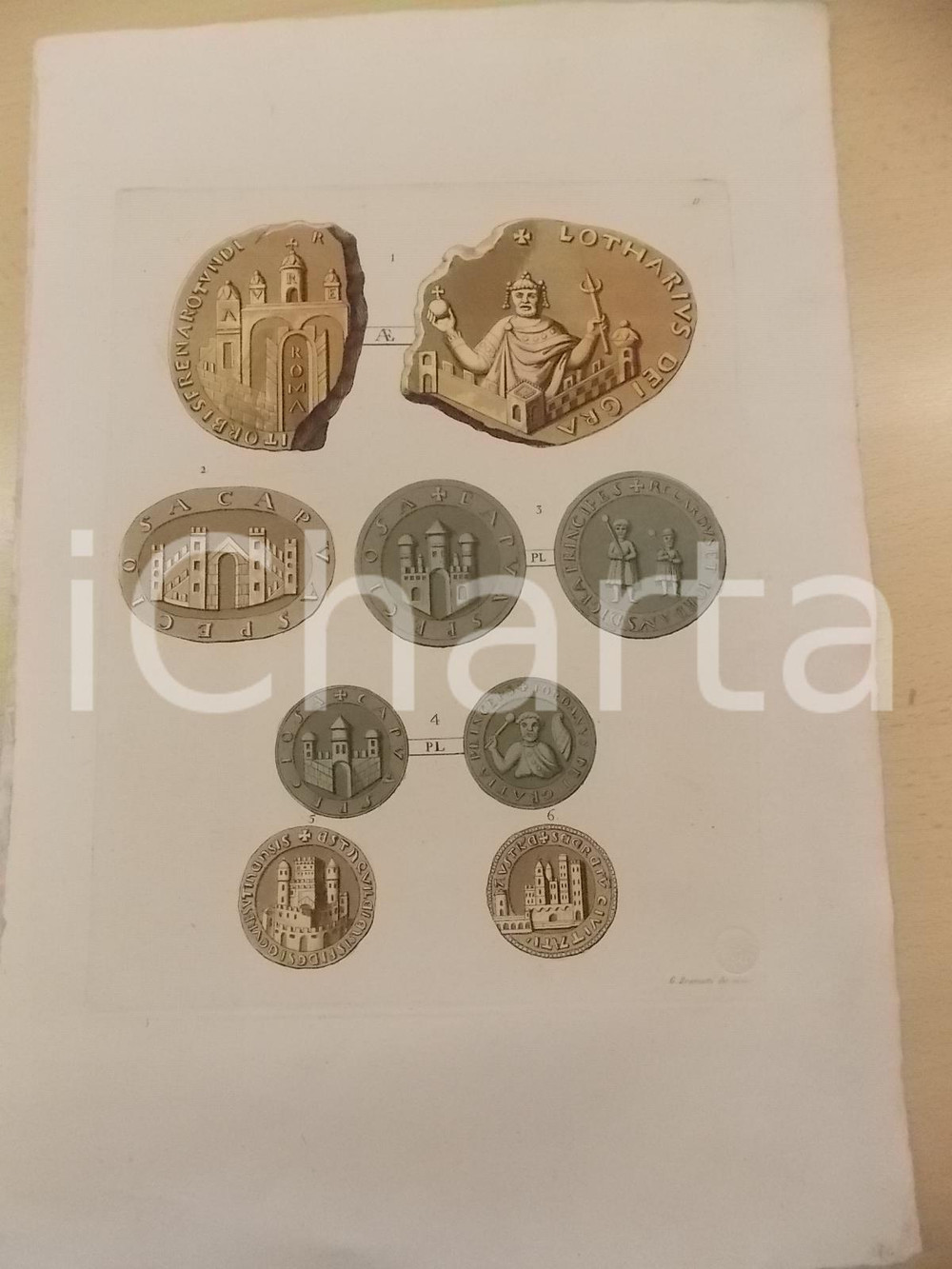 Stampa, bozzetto originale 1840 ca FERRARIO COSTUME ANTICO Monete altomedievali Stampa BRAMATTI 37x26 1
