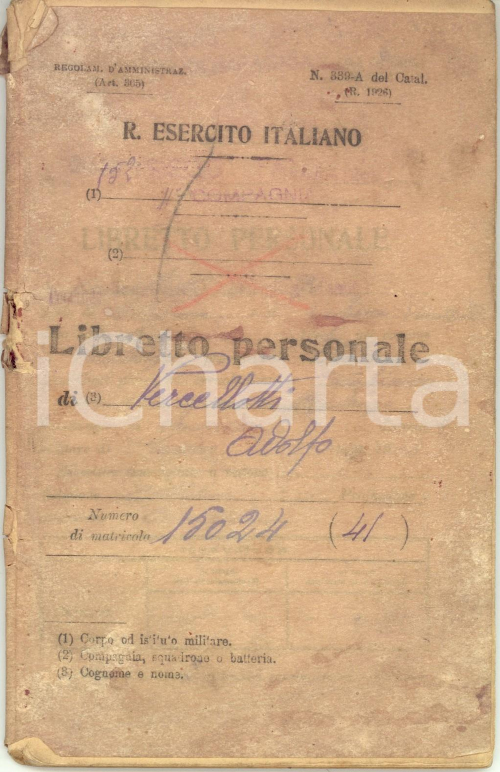 Documento originale, autentico 1930 VEROLENGO TO 12Â°Reggimeno FANTERIA Libretto personale Adolfo VERCELLOTTI 1
