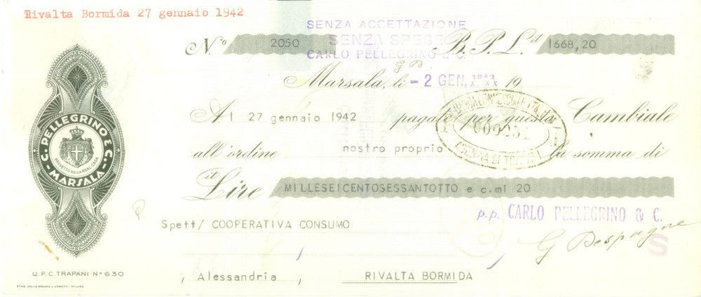 Documento originale, autentico 1942 MARSALA TP Ditta C. PELLEGRINO vini Cambiale pubblicitaria 1