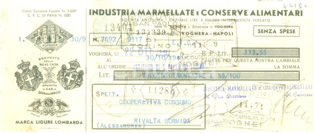 Documento originale, autentico 1941 VOGHERA PV Industria Marmellate e Conserve Alimentari Cambiale 1