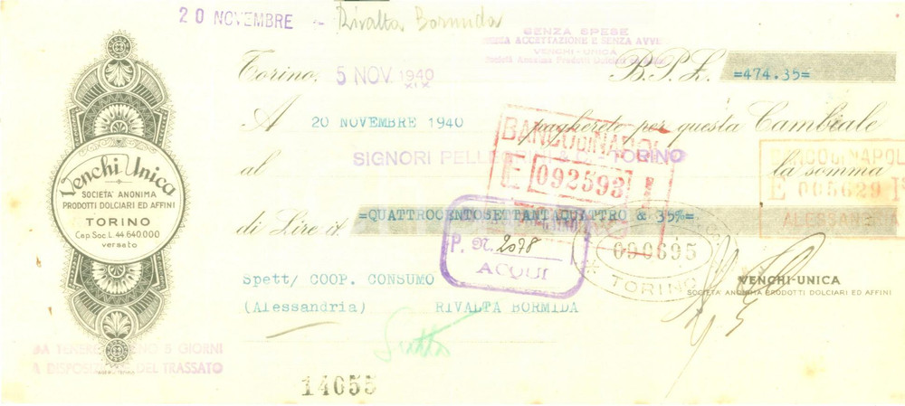 Documento originale, autentico 1940 TORINO SocietÃ  Prodotti Dolciari VENCHI UNICA Cambiale pubblicitaria 1