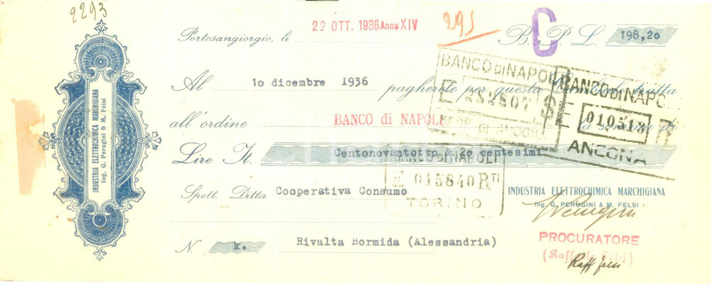 Documento originale, autentico 1936 PORTO SAN GIORGIO Industria Elettrochimica Marchigiana Cambiale 1