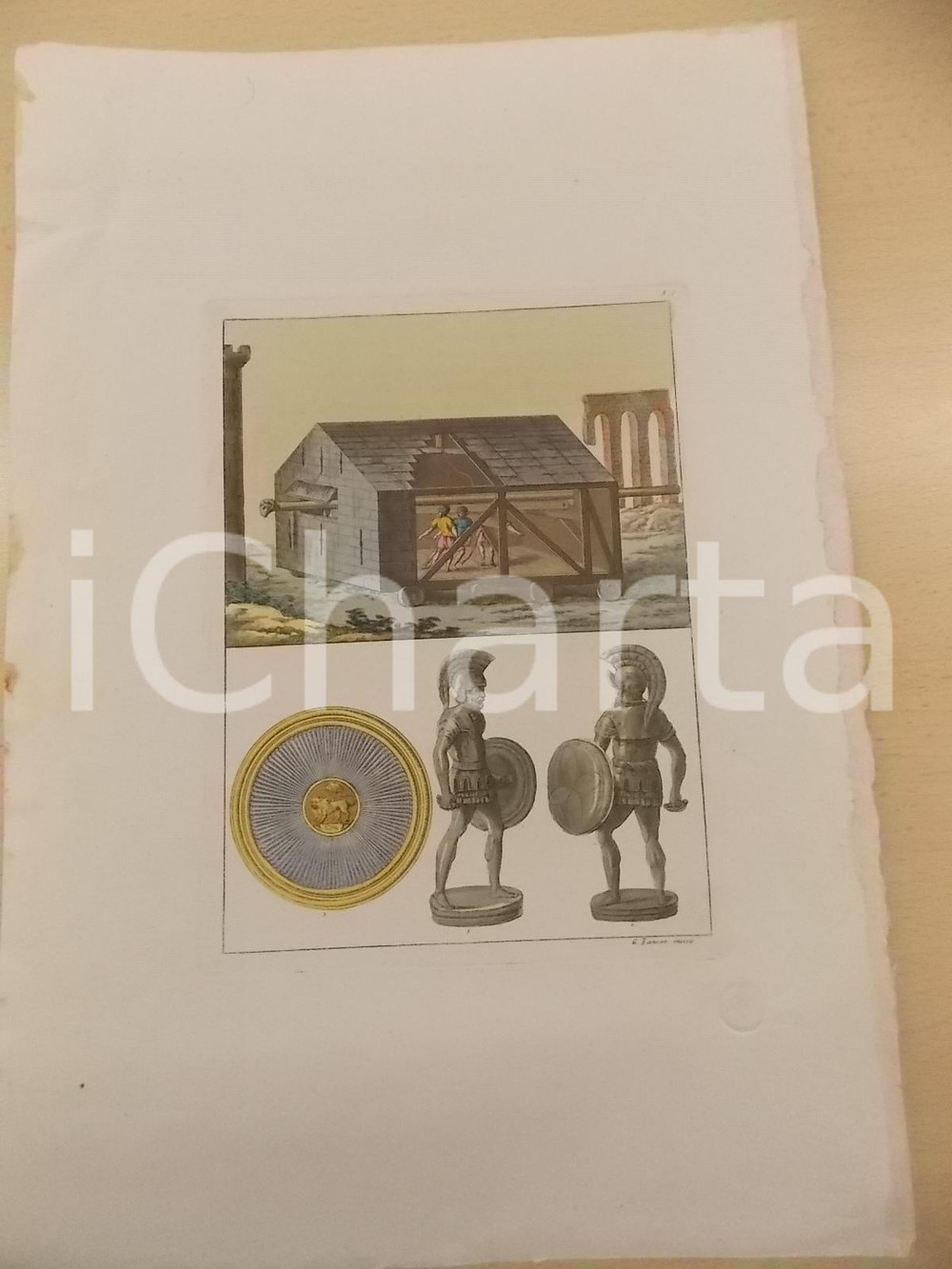 Stampa, bozzetto originale 1840 ca FERRARIO COSTUME ANTICO Guerrieri greci Stampa ZANCON 26x37 cm 1