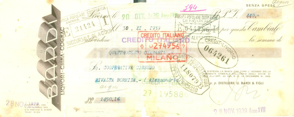 Documento originale, autentico 1939 LIVORNO Liquori china cognac BARDI Cambiale pubblicitaria DANNEGGIATA 1