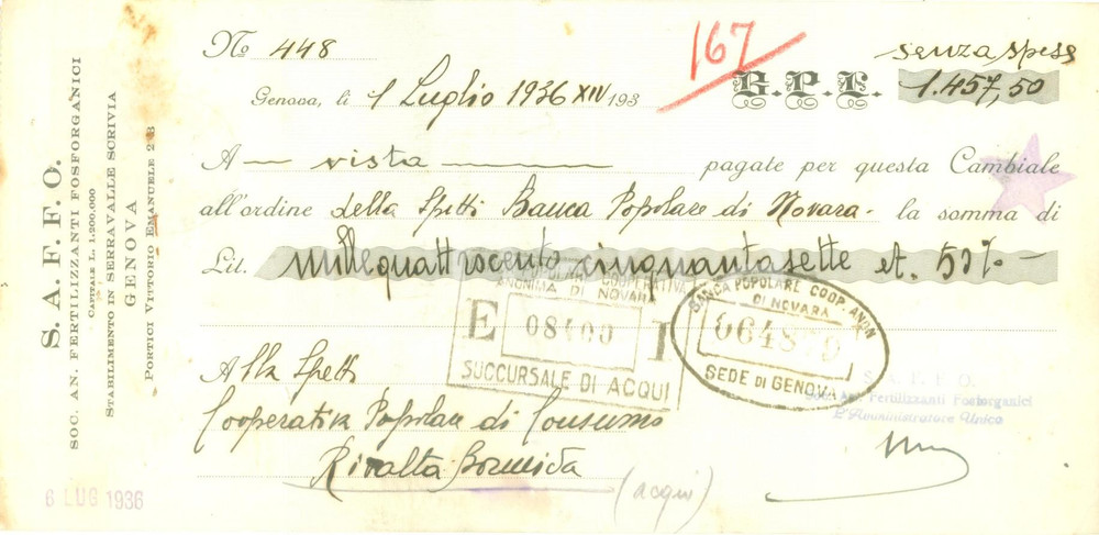Documento originale, autentico 1936 GENOVA Soc An Fertilizzanti Fosforganici S.A.F.F.O. Cambiale pubblicitaria 1
