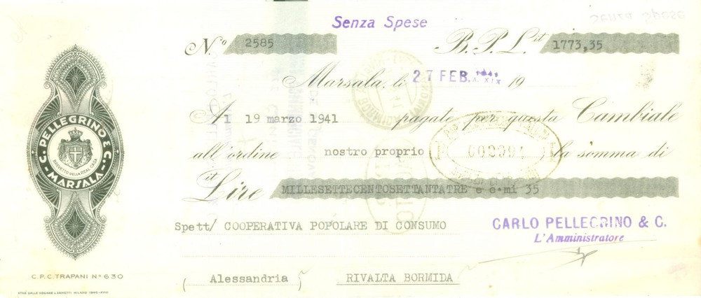 Documento originale, autentico 1941 MARSALA TP Ditta C. PELLEGRINO & C. vini Cambiale pubblicitaria 3 1