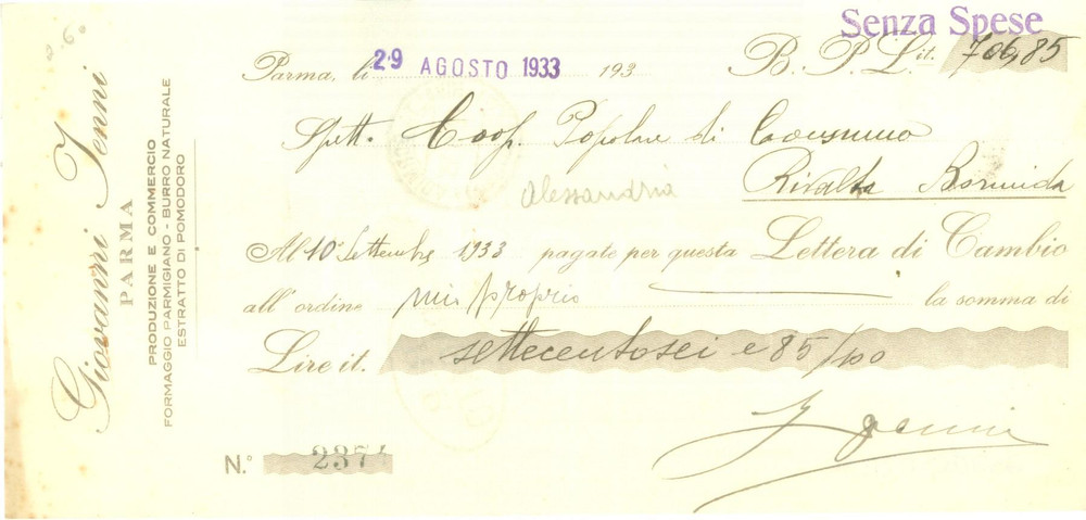 Documento originale, autentico 1933 PARMA Giovanni JENNI Formaggio parmigiano burro naturale Cambiale 1