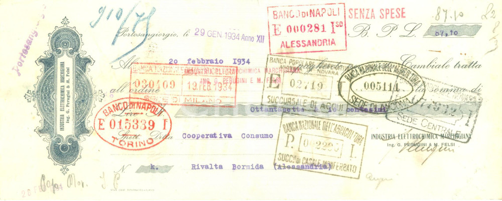 Documento originale, autentico 1934 PORTO SAN GIORGIO FM Industria elettrochimica marchigiana Cambiale 1