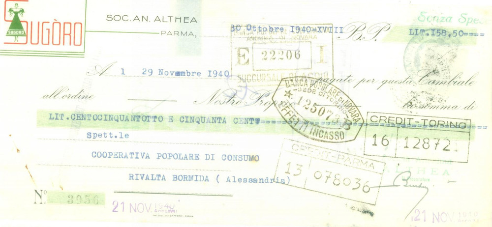 Documento originale, autentico 1940 PARMA SocietÃ  Anonima Althea SUGORO Cambiale pubblicitaria 1
