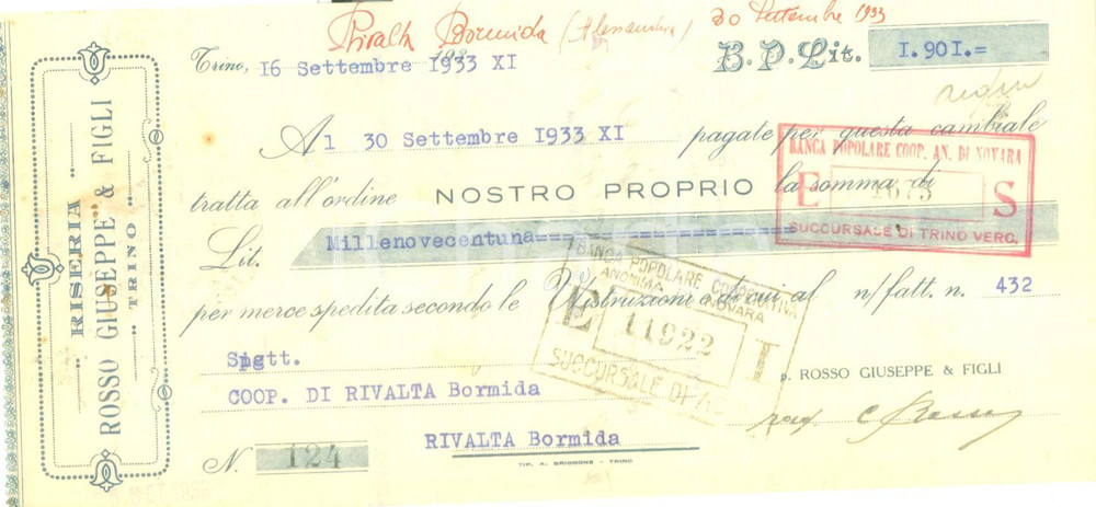Documento originale, autentico 1933 TRINO VC Riseria Giuseppe ROSSO & Figli Cambiale pubblicitaria 1