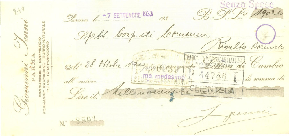 Documento originale, autentico 1933 PARMA Produzione e commercio Giovanni JENNI Cambiale pubblicitaria 1