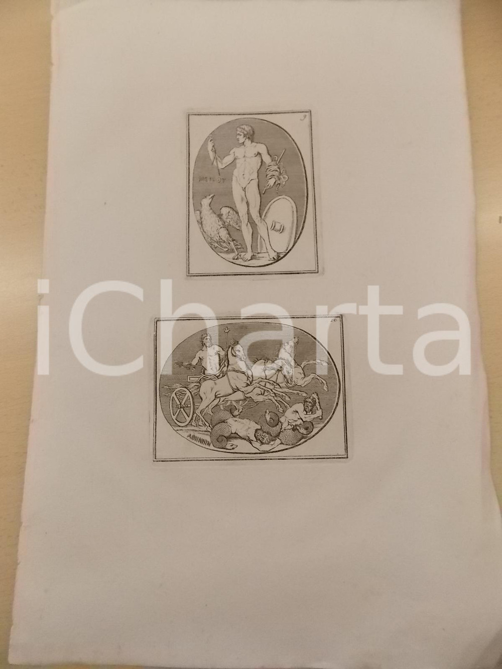 Stampa, bozzetto originale 1840 ca ARTE ANTICA GRECIA Zeus contro i Giganti Stampa 27x42 cm 1