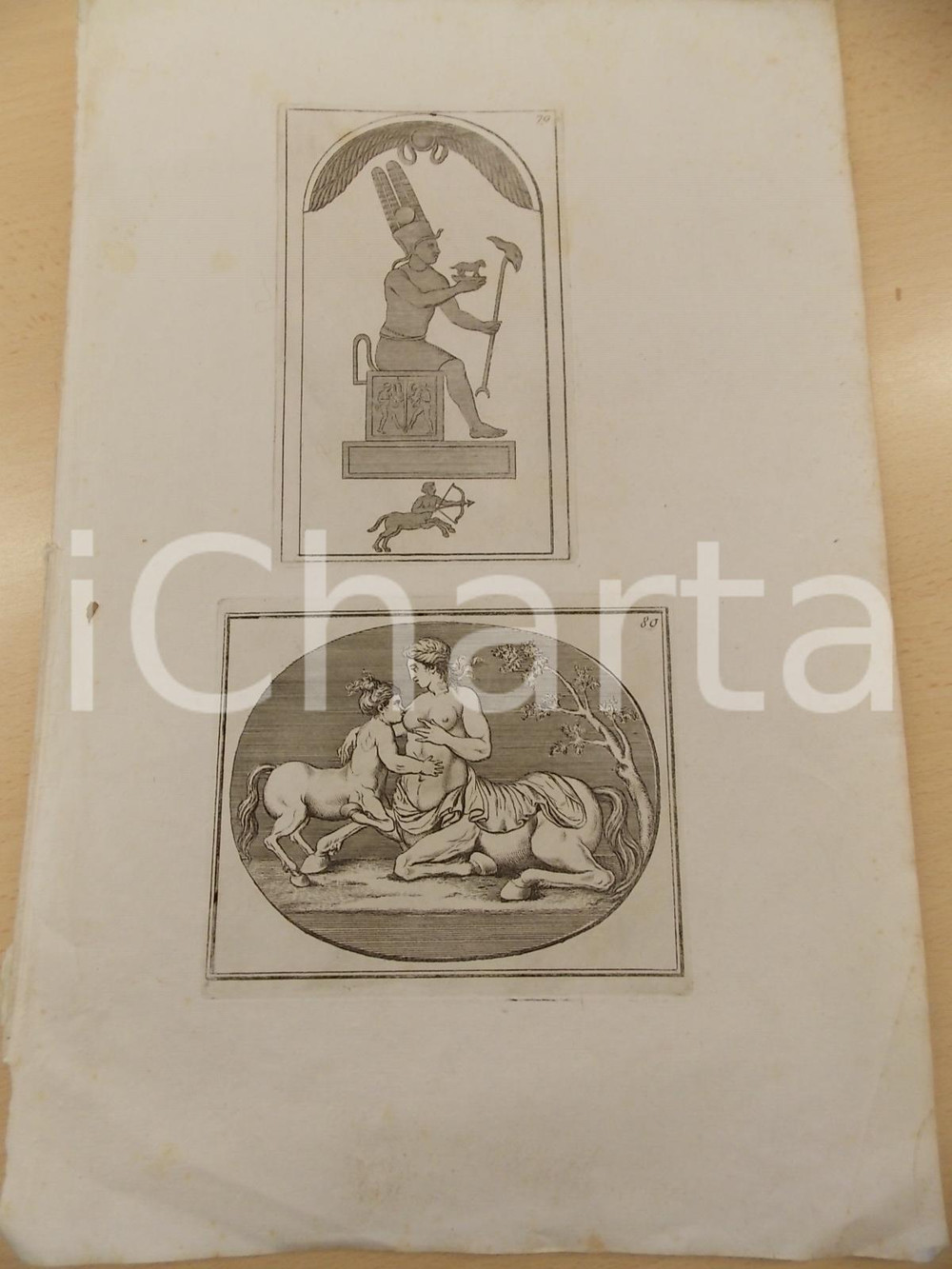 Stampa, bozzetto originale 1840 ca ARTE ANTICA Scena egizia  Allattamento di un centauro Stampa 27x42 cm 1