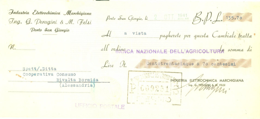 Documento originale, autentico 1941 PORTO SAN GIORGIO FM Industria Elettrochimica Marchigiana Cambiale 1