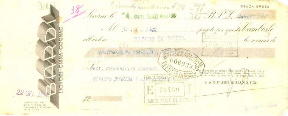 Documento originale, autentico 1940 LIVORNO Liquori china cognac BARDI Cambiale pubblicitaria 1