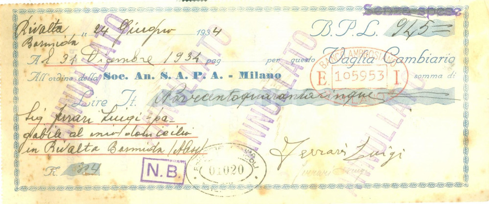 Documento originale, autentico 1934 MILANO SocietÃ  Anonima S.A.P.A. Vaglia cambiario pubblicitario 1