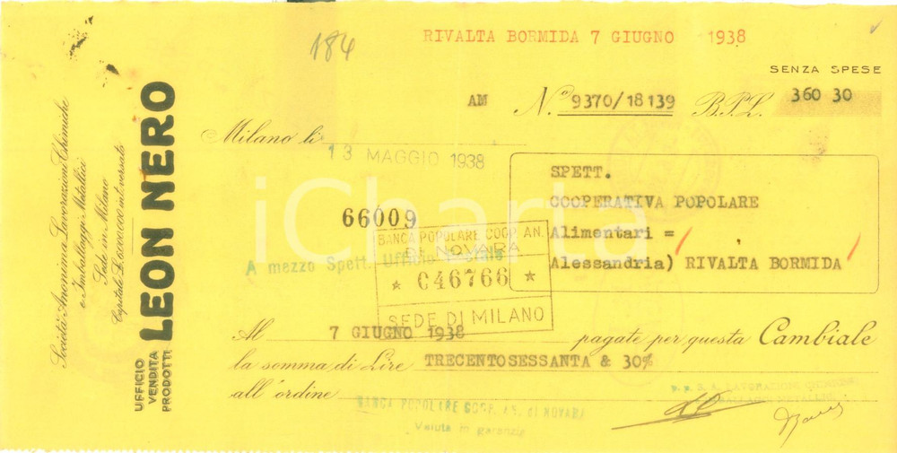 Documento originale, autentico 1938 MILANO Lavorazioni chimiche LEON NERO Imballaggi metallici Cambiale 1