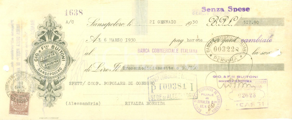 Documento originale, autentico 1930 SANSEPOLCRO AR SocietÃ  Anonima Giovanni e F.lli BUITONI Cambiale 1