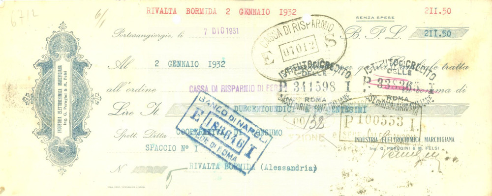 Documento originale, autentico 1931 PORTO SAN GIORGIO FM Industria Elettrochimica Marchigiana Cambiale 1