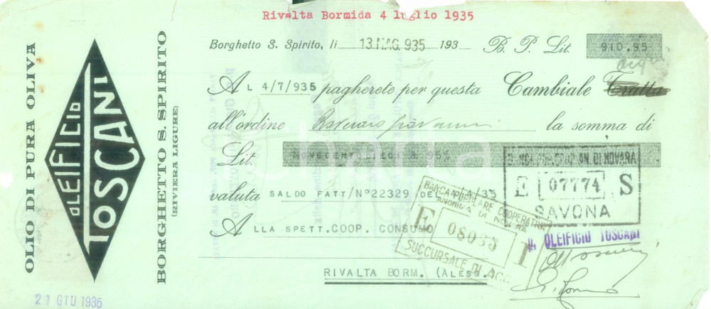 Documento originale, autentico 1935 BORGHETTO SANTO SPIRITO SV Oleificio TOSCANI Cambiale DANNEGGIATA 1
