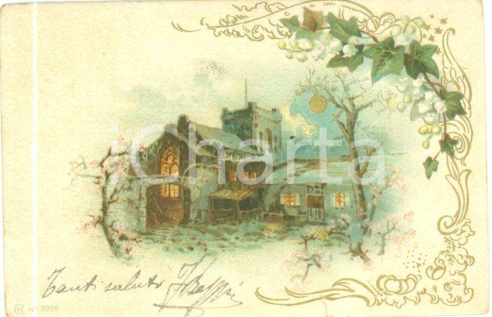 Cartolina originale da collezione 1902 THIENE VI Notturno su casa contadina Cartolina ILLUSTRATA FP VG 1