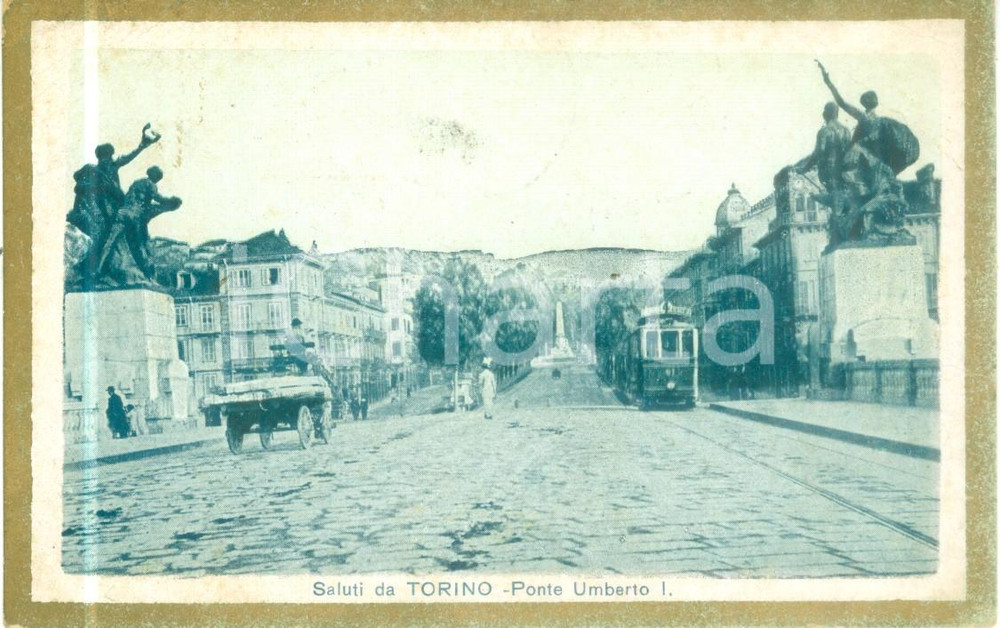 Cartolina originale da collezione 1920 TORINO Tram e calesse sul Ponte UMBERTO I Cartolina ANIMATA FP VG 1