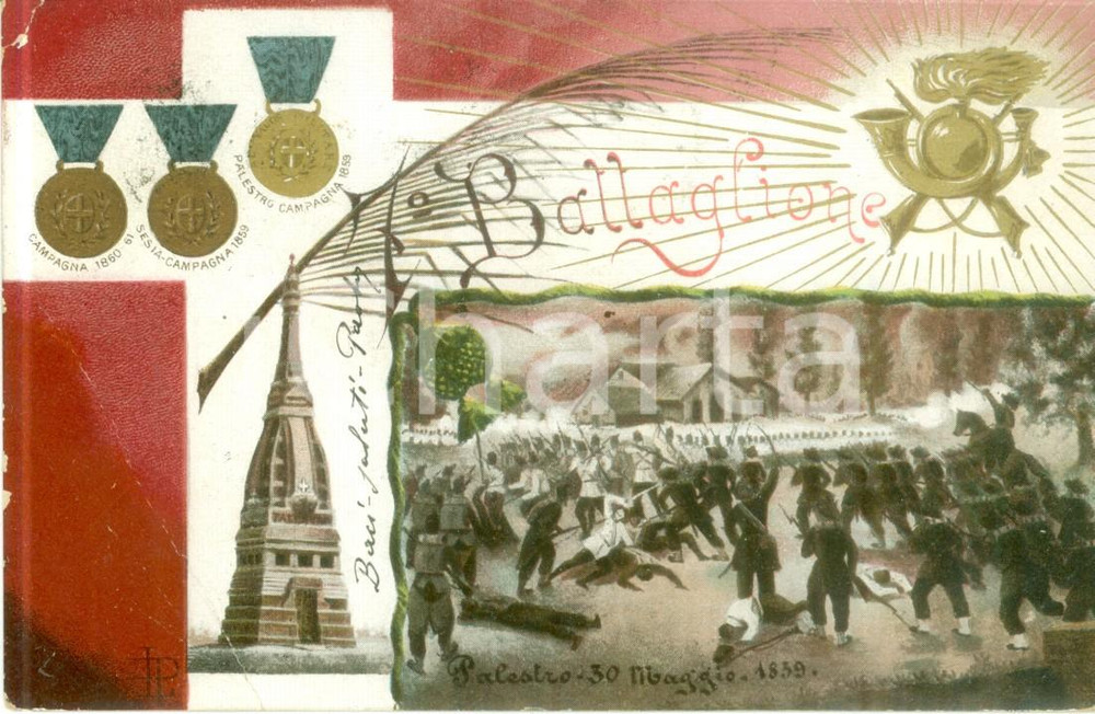 Cartolina originale da collezione 1911 7Â° REGGIMENTO FANTERIA combatte a PALESTRO nel 1859 Cartolina FP VG 1