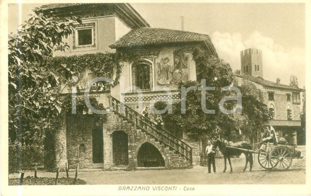 Cartolina originale da collezione 1938 GRAZZANO VISCONTI PC Carretto con cavallo in paese Cartolina FP VG 1