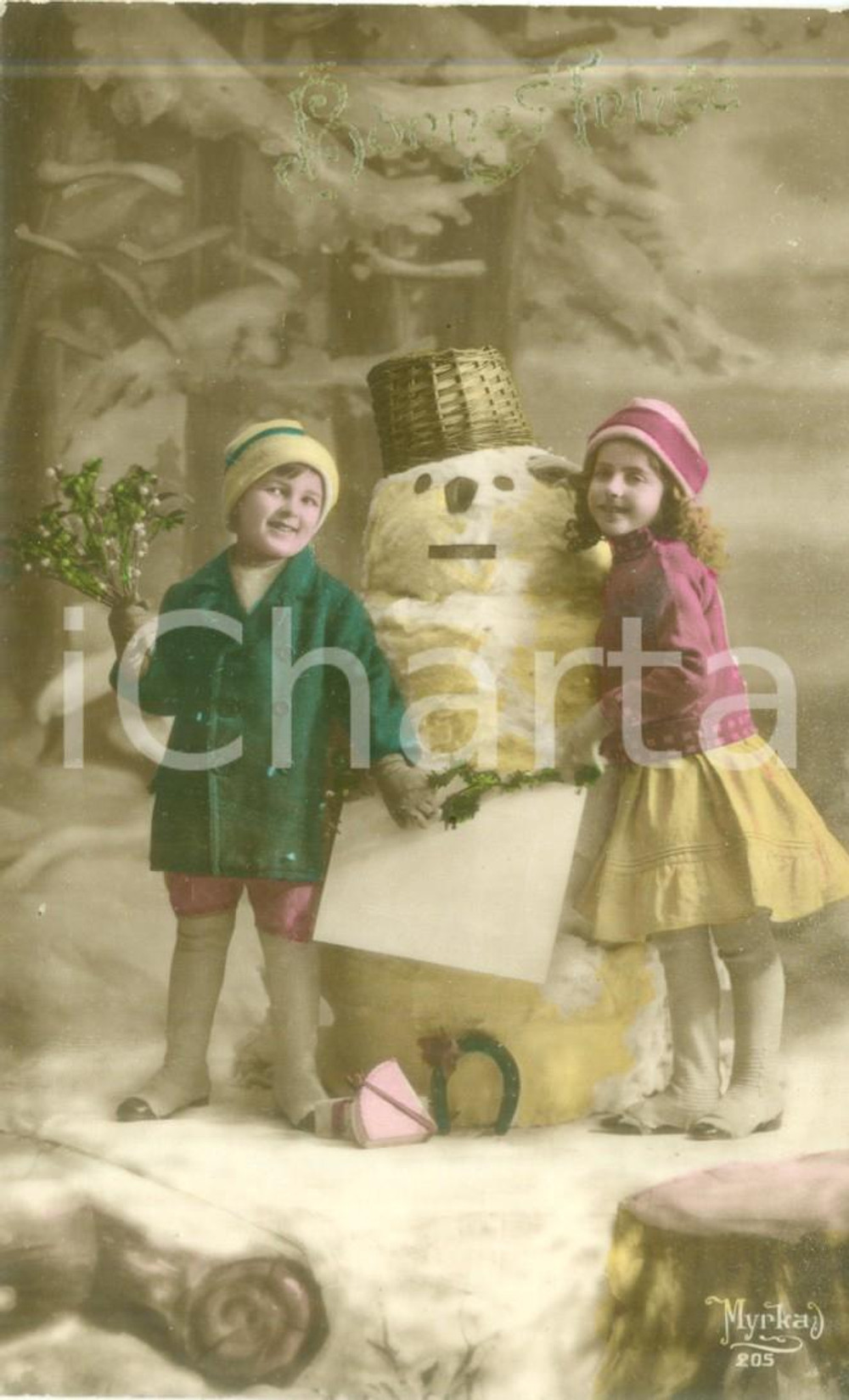 Cartolina originale da collezione 1917 FRANCE Bambini con pupazzo di neve Cartolina augurale FP NV 1