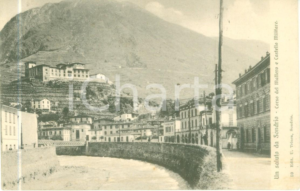 Cartolina originale da collezione 1905 SONDRIO Corso del MALLERO e castello Militare Cartolina FP VG 1