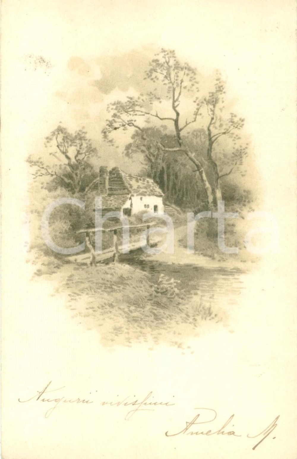 Cartolina originale da collezione 1910 VITA AGRESTE Casa nel bosco lungo il fiume Cartolina ILLUSTRATA FP VG 1