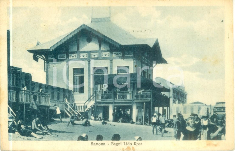 Cartolina originale da collezione 1930 SAVONA Bagnanti ai Bagni Lido ROSA Cartolina ANIMATA FP VG 1