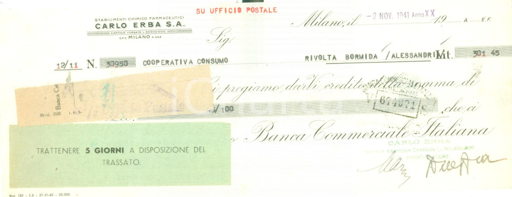 Documento originale, autentico 1941 MILANO Stabilimenti Chimicofarmaceutici CARLO ERBA Assegno pubblicitario 1 1
