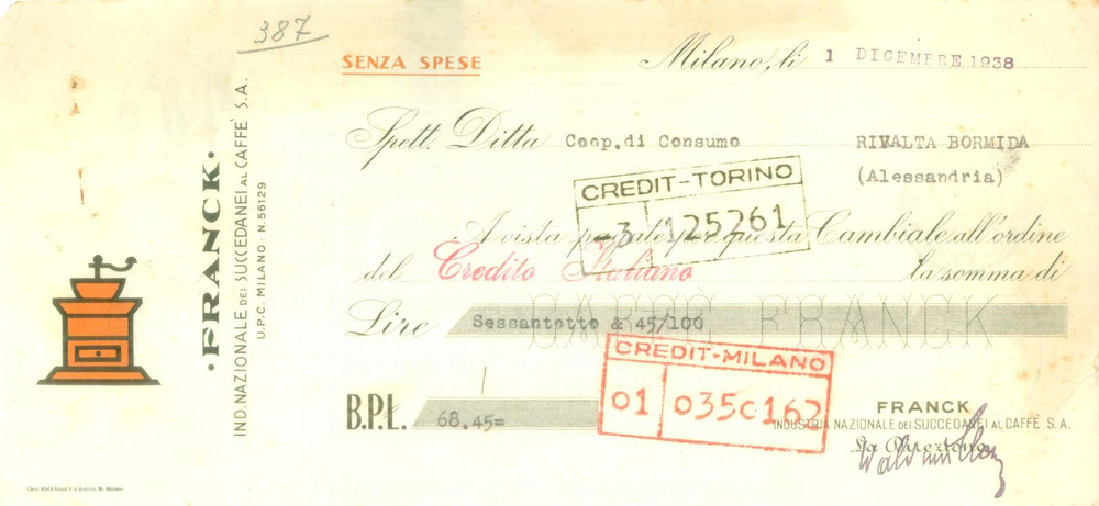 Documento originale, autentico 1938 MILANO Industria Nazionale Succedanei a Caffè FRANCK Cambiale pubblicitaria 1
