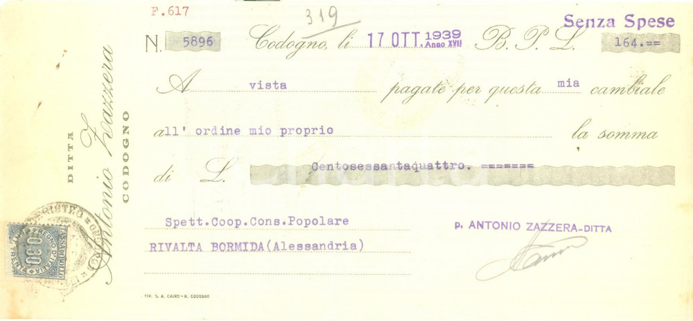 Documento originale, autentico 1939 CODOGNO LO Ditta Antonio ZAZZERA Cambiale pubblicitaria 1