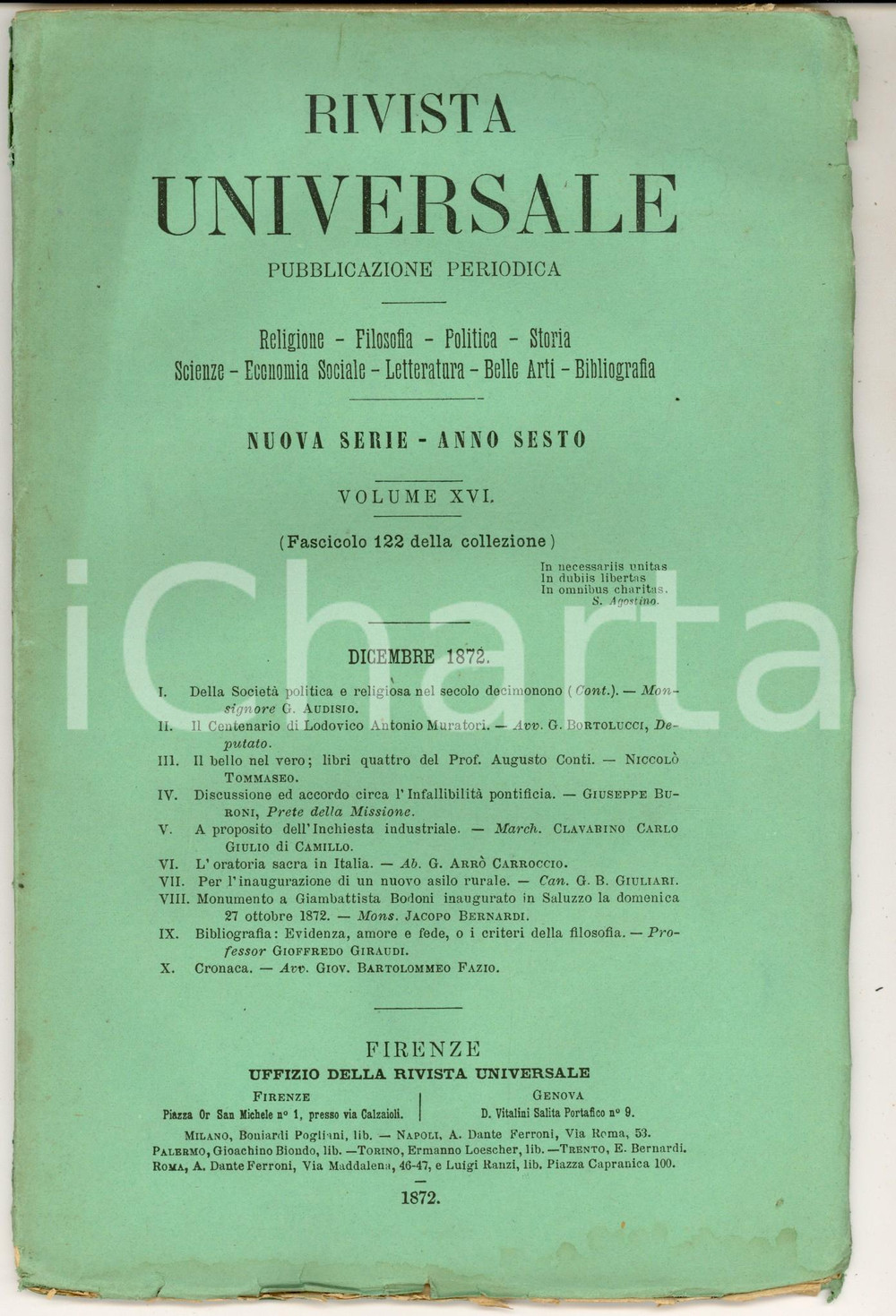 Giornale, rivista storica 1872 RIVISTA UNIVERSALE Monumento a Giambattista BODONI a SALUZZO Anno VI n°122 1