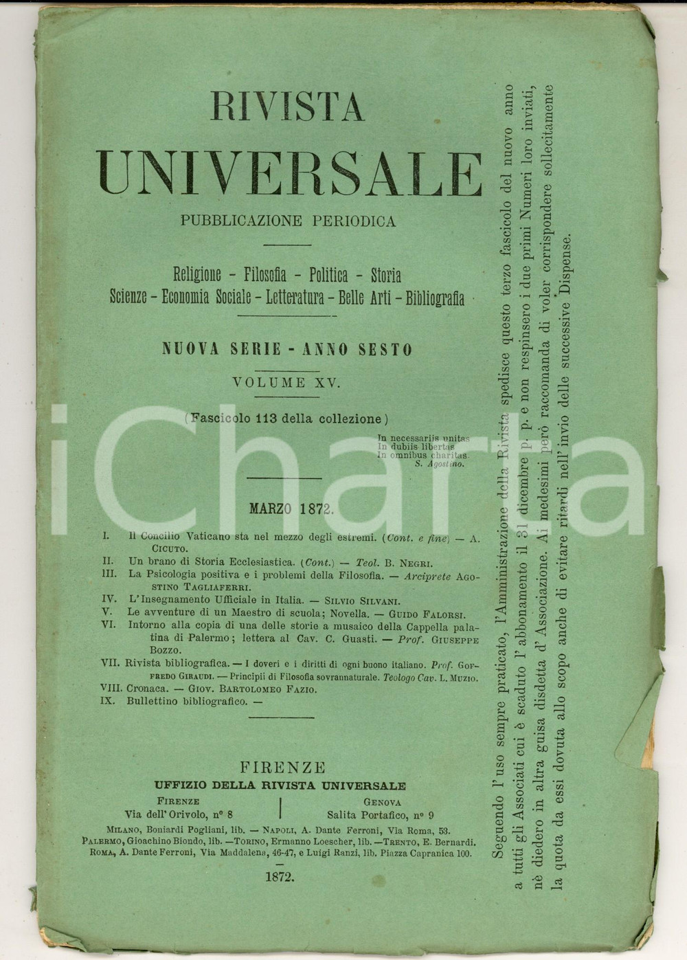 Giornale, rivista storica 1872 RIVISTA UNIVERSALE L insegnamento ufficiale in Italia Anno VI nÂ°113 1