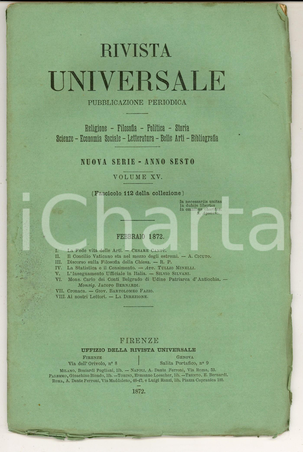 Giornale, rivista storica 1872 RIVISTA UNIVERSALE Mons. Carlo BELGRADO patriarca Antiochia Anno VI nÂ°112 1