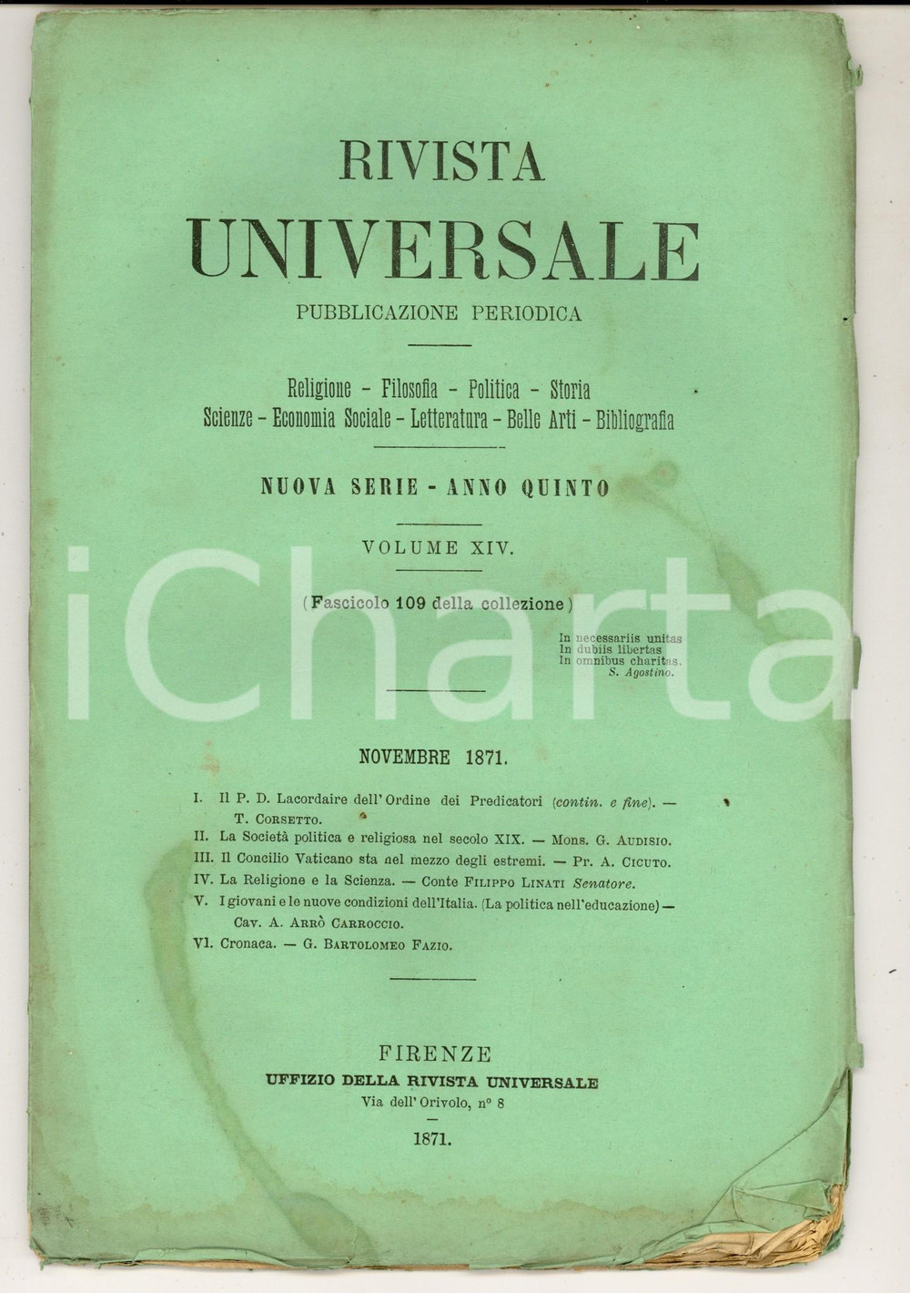 Giornale, rivista storica 1871 RIVISTA UNIVERSALE Padre LACORDAIRE dei predicatori Anno V nÂ°109 1