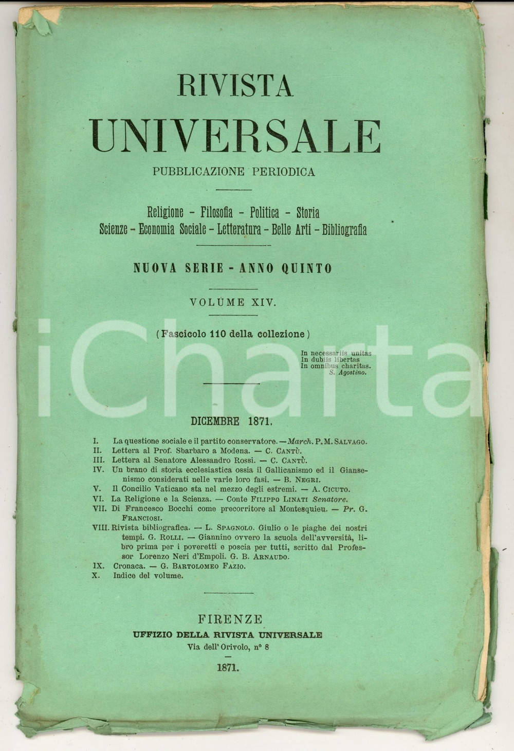Giornale, rivista storica 1871 RIVISTA UNIVERSALE Francesco BOCCHI precorritore MONTESQUIEU Anno V n°110 1