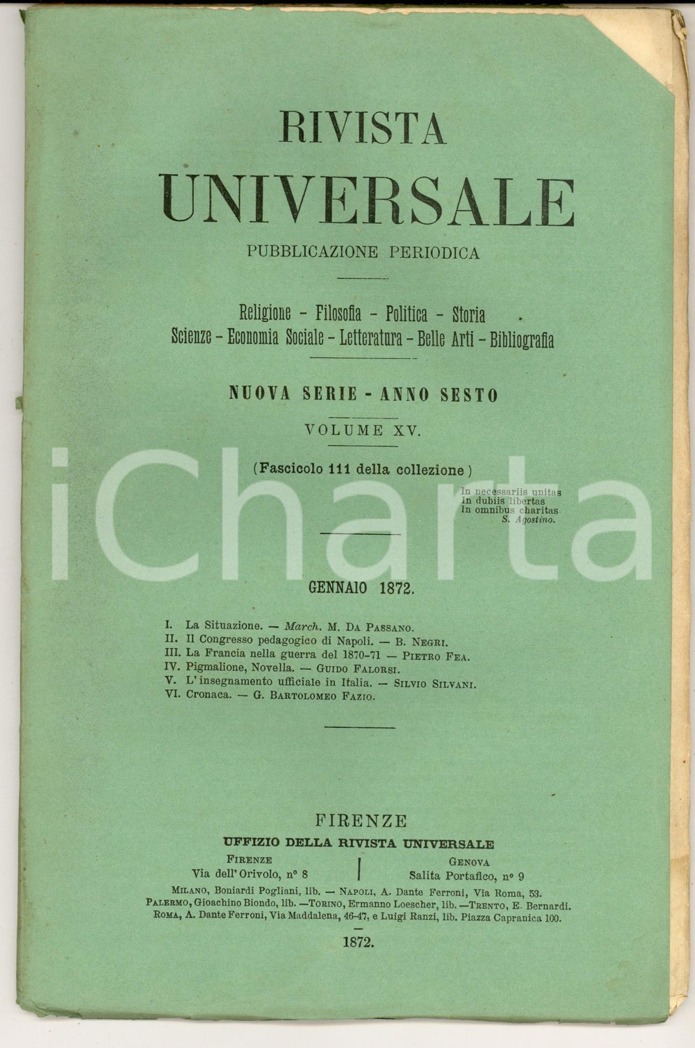 Giornale, rivista storica 1872 RIVISTA UNIVERSALE Il Congresso Pedagogico di Napoli Anno VI n°111 1