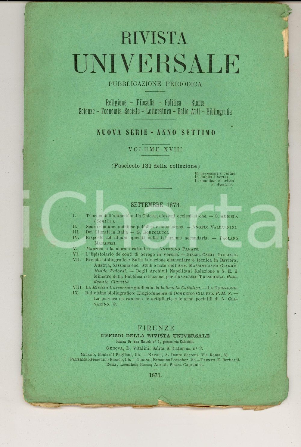 Giornale, rivista storica 1873 RIVISTA UNIVERSALE Epistolario dei conti SEREGO in Verona Anno VII n°131 1