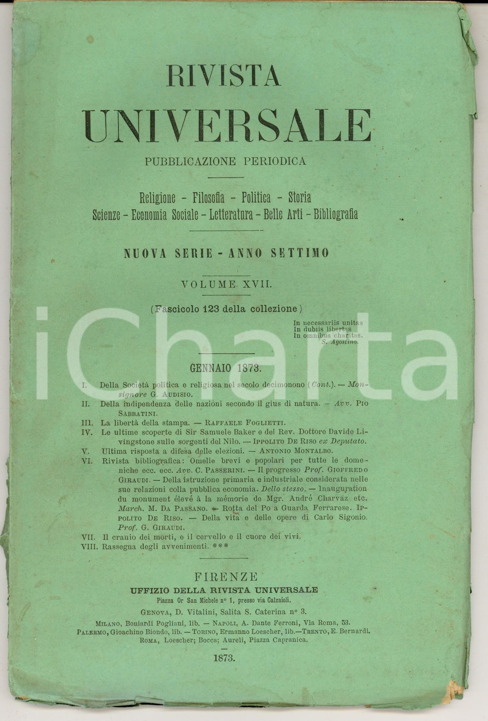 Giornale, rivista storica 1873 RIVISTA UNIVERSALE Scoperte di David LIVINGSTONE sul Nilo Anno VII nÂ° 123 1