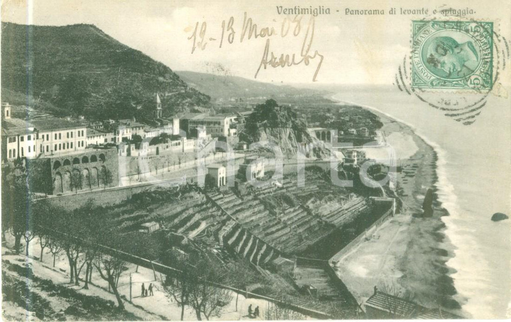 Cartolina originale da collezione 1908 VENTIMIGLIA IM Panorama di Levante e spiaggia Cartolina FP VG 1