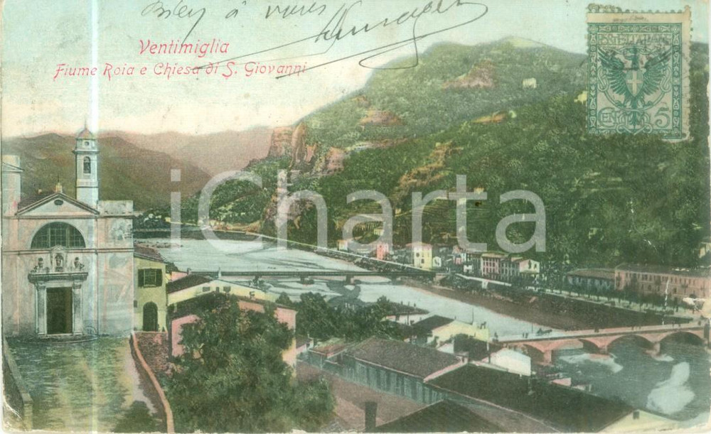 Cartolina originale da collezione 1905 VENTIMIGLIA IM Fiume ROIA e Chiesa di San Giovanni Cartolina FP VG 1