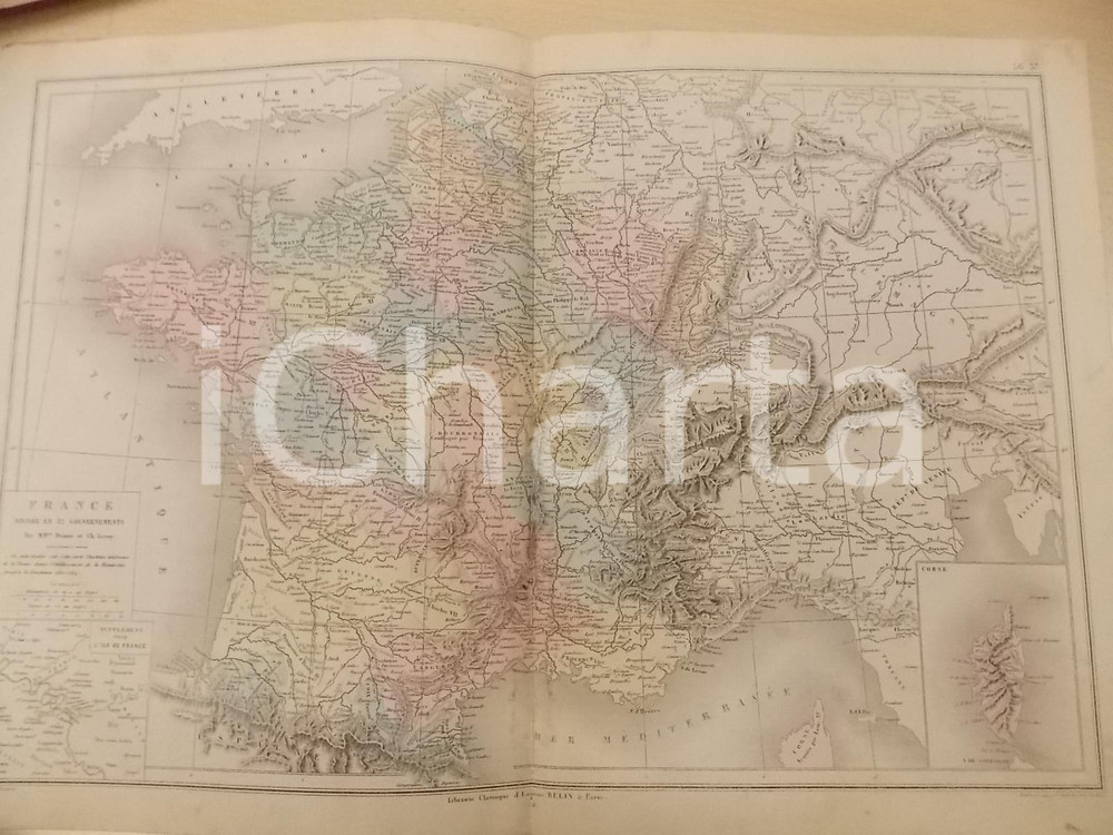 Stampa, bozzetto originale 1884 PARIS DRIOUX  LEROY Atlas universel FRANCE en 32 gouvernements 46x32 cm 1