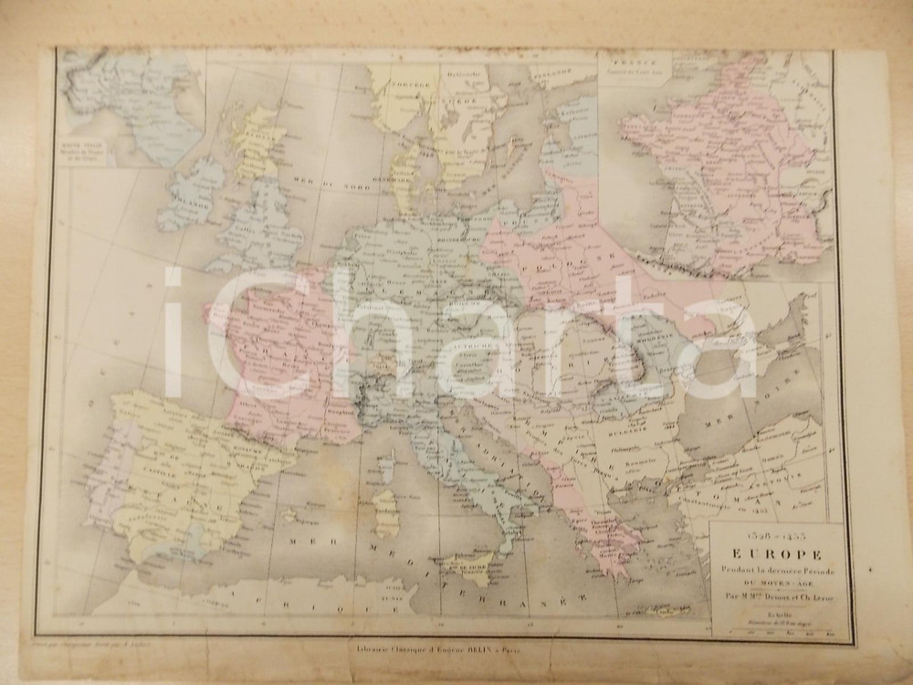 Stampa, bozzetto originale 1884 PARIS DRIOUX  LEROY Atlas universel Europe fin MOYENAGE 32x23 cm 1