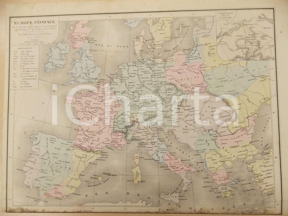 Stampa, bozzetto originale 1884 PARIS DRIOUX  LEROY Atlas universel Europe fÃ©odale ed. BELIN 32x23 cm 1
